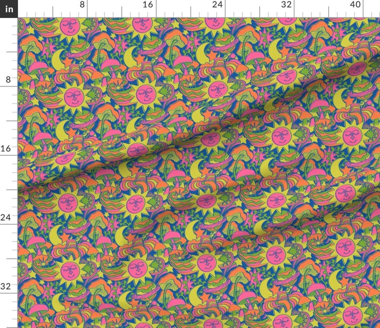 Neon Suns Blue Groovy 70S 1970S Retro Whimsical Moon Stars Boho Colorful Hippie Custom Printed Fabric by Spoonflower Various Fabrics by the Yard or Fat Quarter